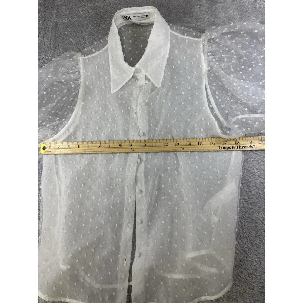 ZARA Blogger Favorite WOMENS S Swiss Dot Blouse Top Sheer Puff Sleeve 0744
